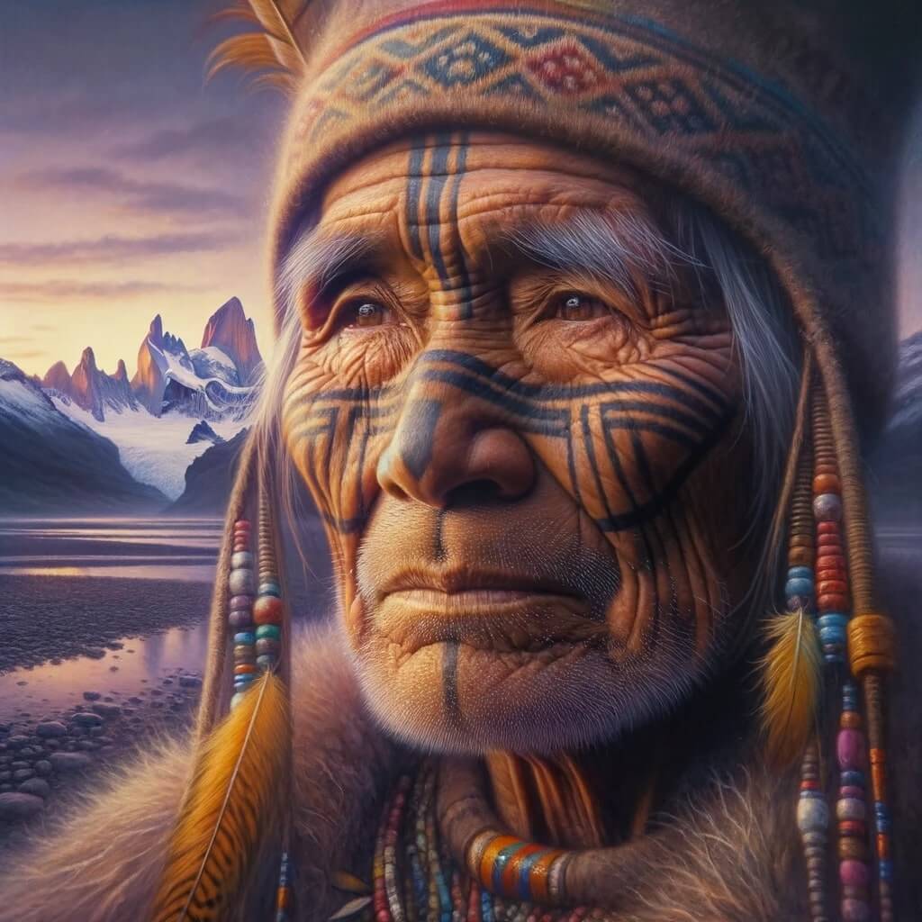 Pintura al óleo_ Retrato en primer plano de un anciano indígena argentino de ojos hundidos, piel curtida e intrincados tatuajes faciales
