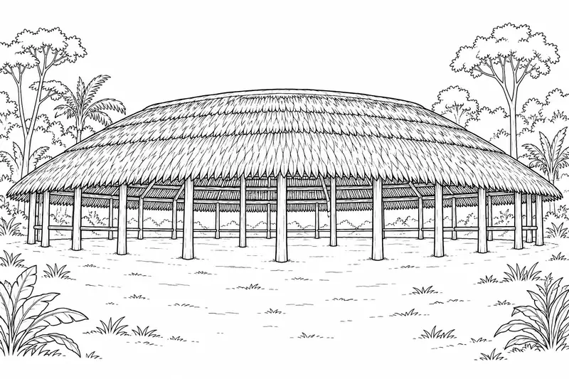 Casa achuar de planta ovalada sugerida, con gran cubierta de palma y postes de madera