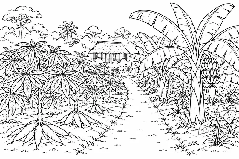 Huerto con plantas de yuca y plátano junto a una pequeña construcción de cubierta vegetal