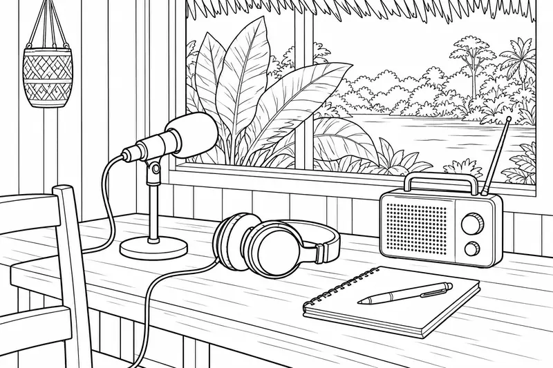 Micrófono, auriculares, radio portátil y cuaderno sobre una mesa junto a una ventana