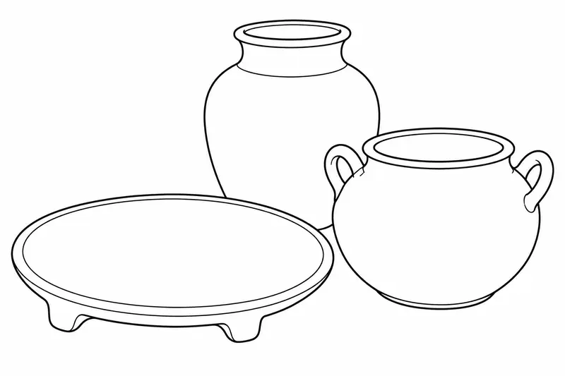 Comal de superficie amplia junto a una olla con asas y un recipiente alto de barro