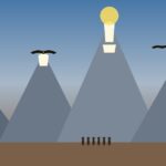 Los Apus: espíritus tutelares de las montañas andinas Ilustración de cordillera con varios Apus nevados, cóndores y peregrinos al pie