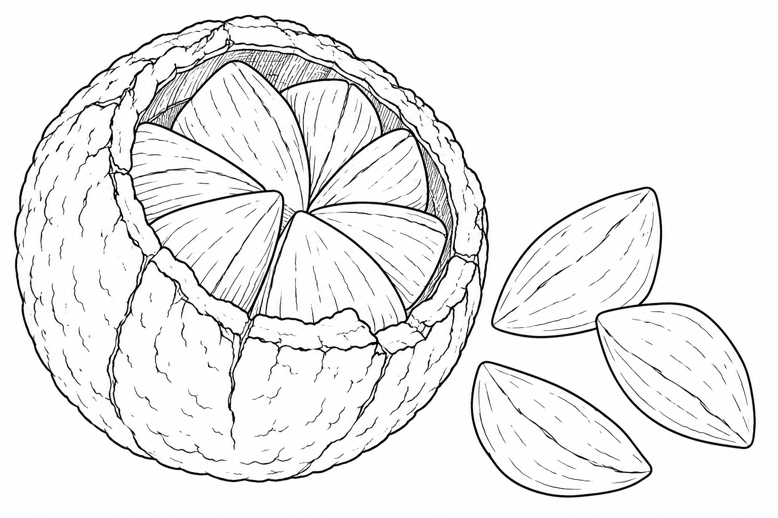 Fruto abierto de castaña amazónica con semillas a un lado para colorear