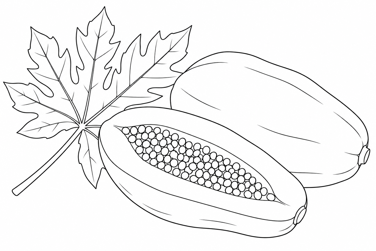 Papaya entera, mitad abierta con semillas y una hoja para colorear