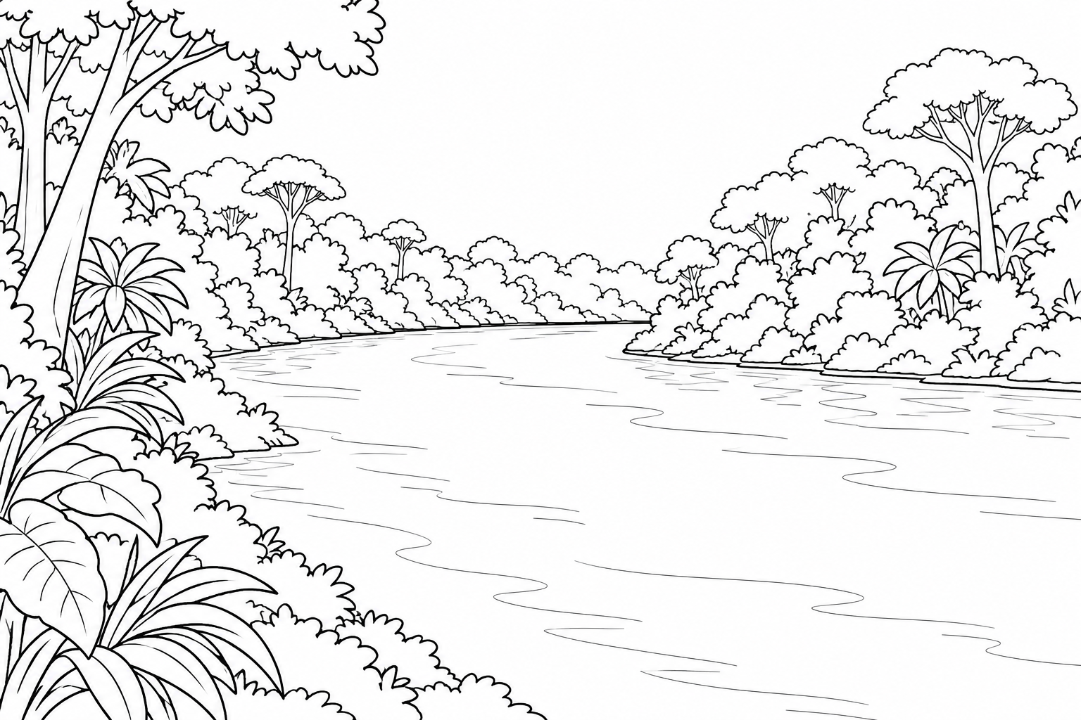 Río entre orillas arboladas de un paisaje amazónico para colorear