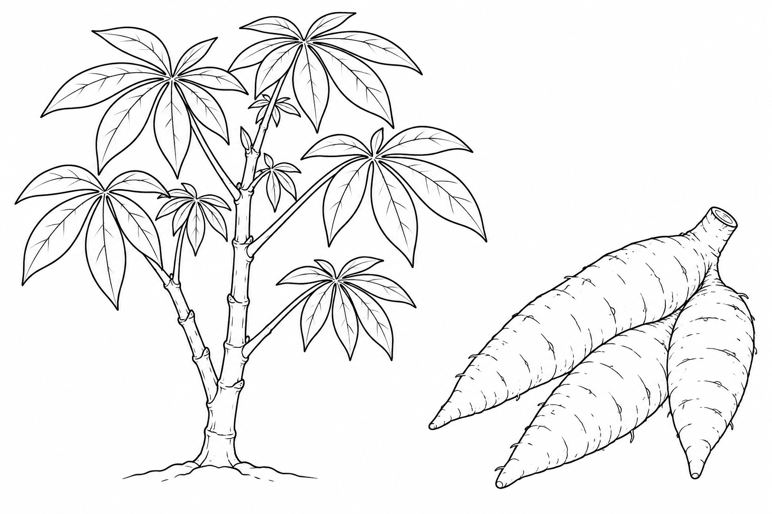 Planta de yuca de hojas lobuladas con raíces separadas para colorear