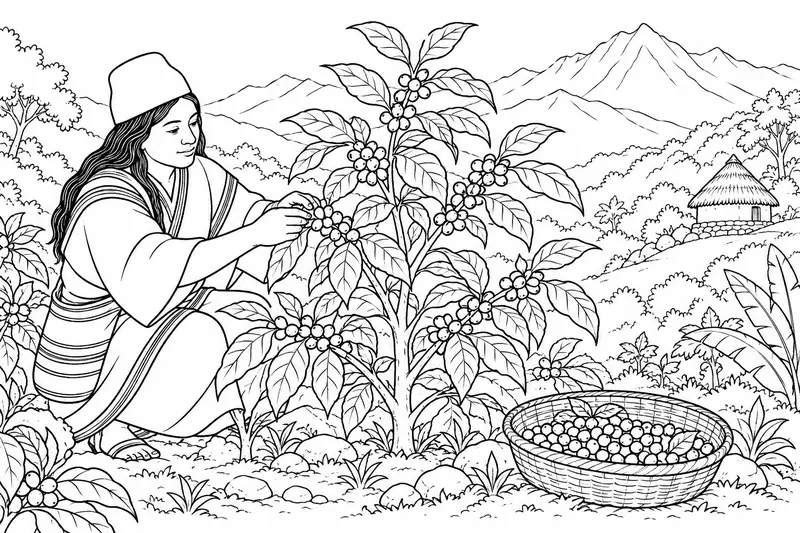 Persona recogiendo frutos de una planta de café junto a una cesta