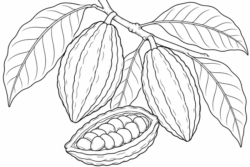 Rama de cacao con frutos acanalados y una sección abierta con semillas