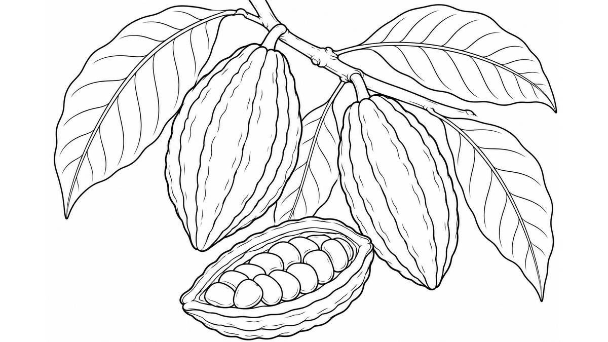 Rama de cacao con frutos acanalados y una sección abierta con semillas