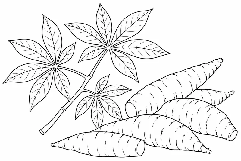Raíces cosechadas de yuca junto a una rama de hojas palmadas