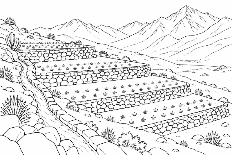 Ladera con plataformas de cultivo y muros de piedra