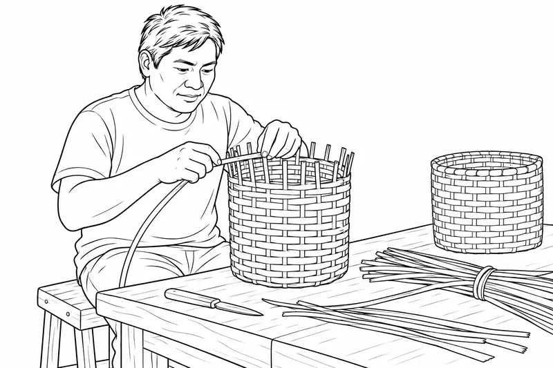 Persona artesana baniwa entrelazando una cesta cilíndrica de tiras vegetales
