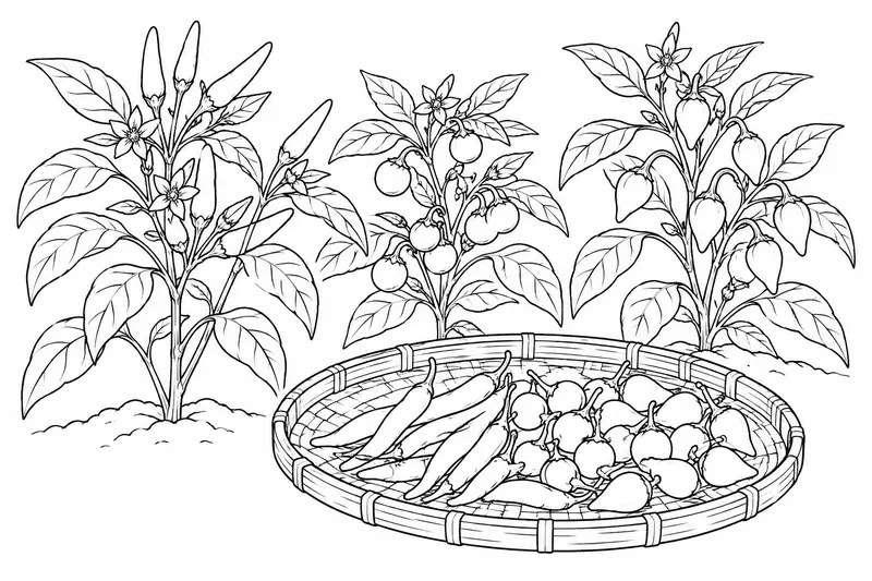 Plantas de ajíes con frutos de formas distintas y una bandeja de cosecha