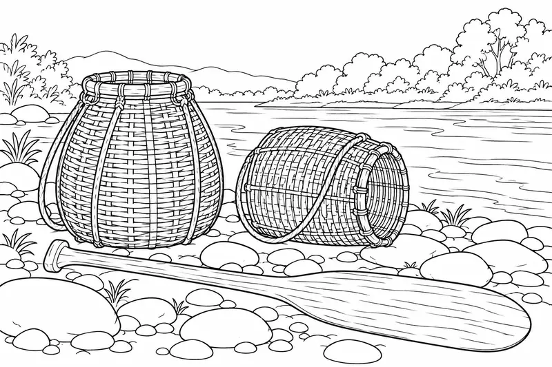 Dos recipientes tejidos y un remo de madera sobre una orilla con piedras