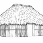 Casa maya para dibujar y colorear: techo, muros y perspectiva Casa maya de muros de madera, extremos redondeados y cubierta alta de palma