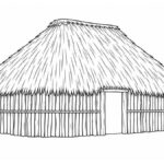 Casa maya para dibujar y colorear: techo, muros y perspectiva Casa maya de muros de madera, extremos redondeados y cubierta alta de palma