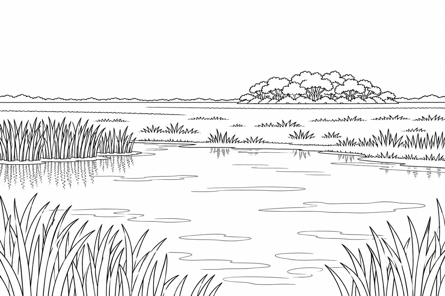 Laguna entre pastos con una isla de bosque al fondo para colorear