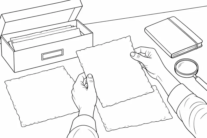 Mesa de archivo con caja, papeles, cuaderno y manos revisando una hoja