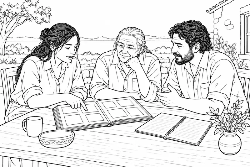 Tres personas adultas en una conversación sobre cuadernos y un álbum