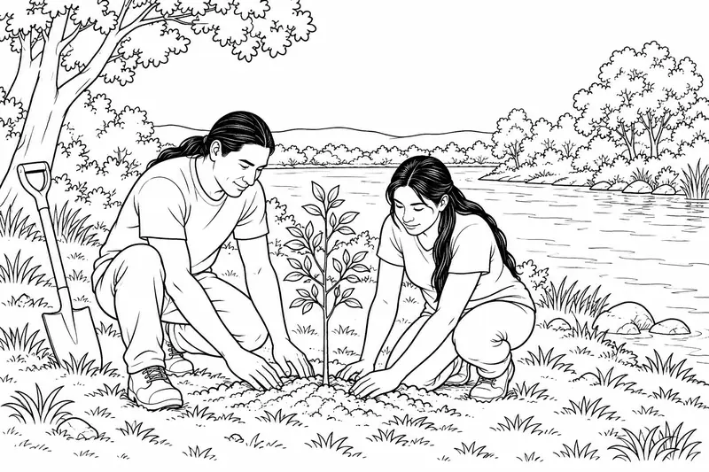 Dos personas con ropa cotidiana plantando un árbol junto a una ribera