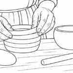 Dibujos cherokee para colorear: cesta, cerámica, huerto y semillas Manos modelando un cuenco con rollos de arcilla y una piedra de pulido