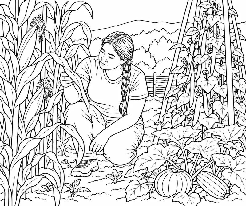 Escena contemporánea de un huerto con maíz, frijoles y calabaza