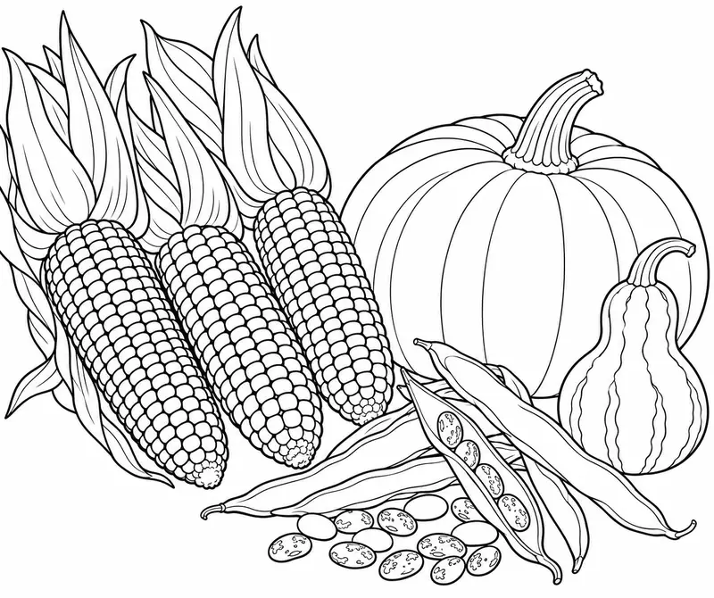 Mazorcas, vainas, frijoles, calabaza y una pequeña calabaza de recipiente
