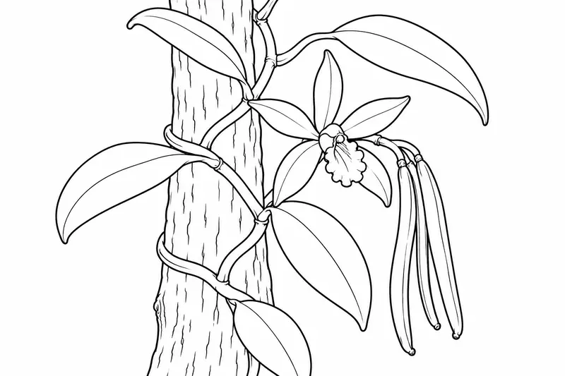 Planta de vainilla trepadora con hojas, flor y vainas