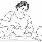 Dibujos chiquitanos para colorear: cerámica, palma, huerta y tejido Persona artesana chiquitana modelando un cuenco en una mesa