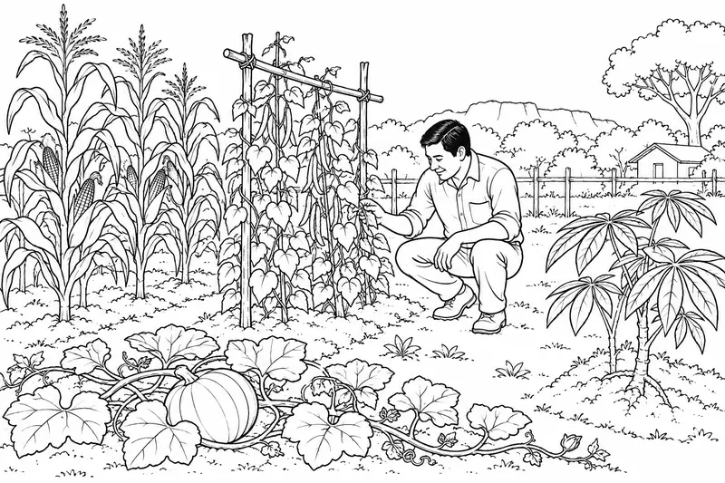 Huerta con maíz, frijoles, calabaza y mandioca en una escena cotidiana