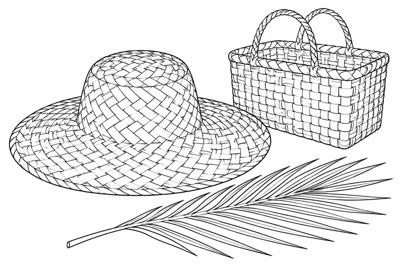 Sombrero de palma, cesta y hoja vegetal como referencia de material