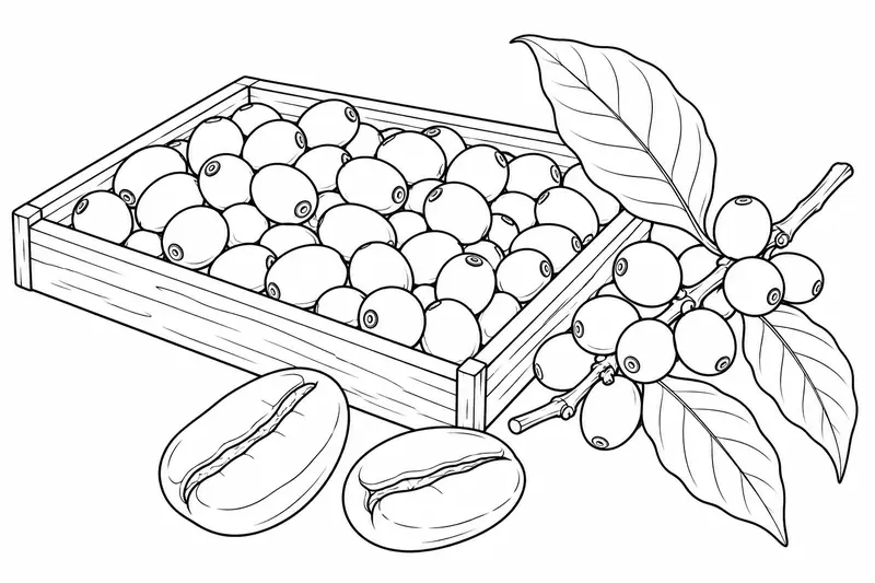 Rama de café junto a una bandeja de frutos y dos semillas ampliadas