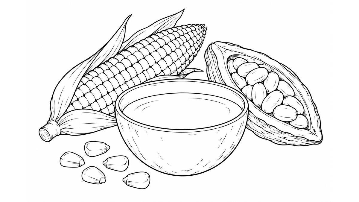 Jícara con bebida junto a una mazorca y una mazorca de cacao abierta