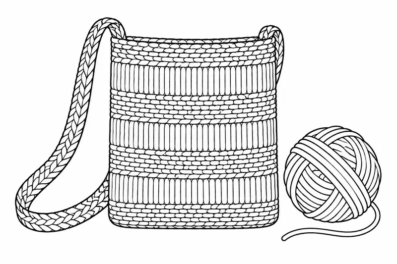 Bolsa tejida de forma rectangular con correa y un ovillo