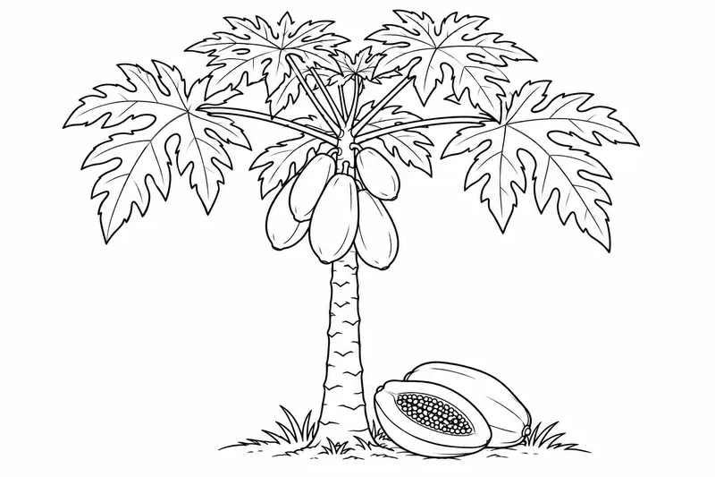 Papayo con hojas lobuladas, frutos enteros y una papaya abierta
