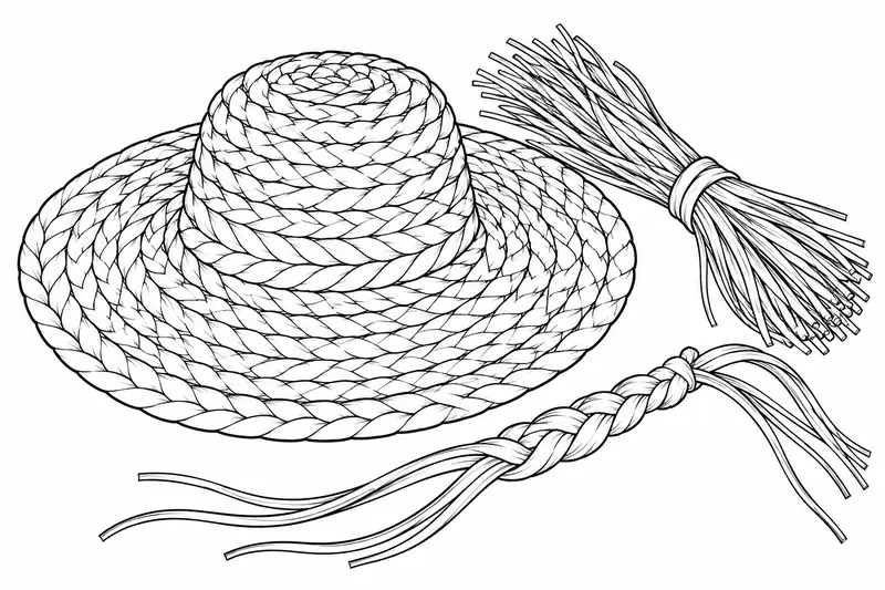 Sombrero de fibra trenzada con ala ancha junto a un haz de yute