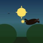 Cuervo (Raven): creador y trickster de la Costa Noroeste Ilustración de Raven volando con el sol en el pico junto a un tótem haida en bosque del Pacífico Norte