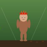 Curupira: el protector tupí-guaraní de la selva brasileña Ilustración de Curupira con cabello rojo flameante y pies invertidos en la selva amazónica