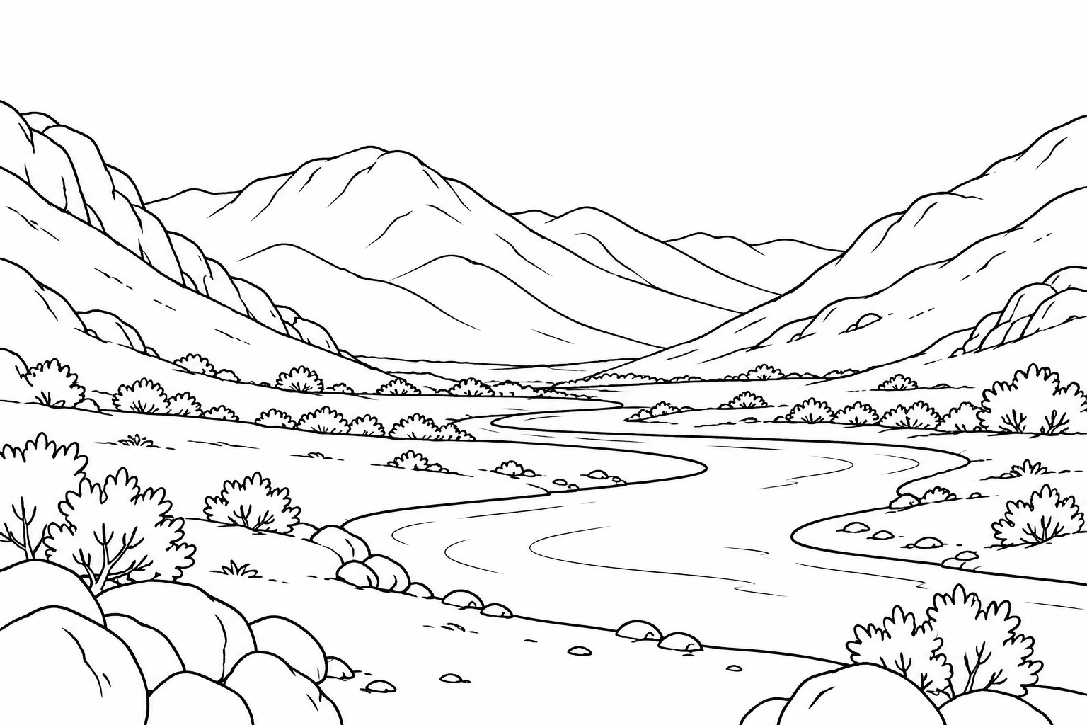 Paisaje de valle con montañas, vegetación baja y un curso de agua