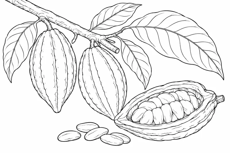 Rama de cacao con hojas, frutos acanalados y una mazorca abierta con semillas
