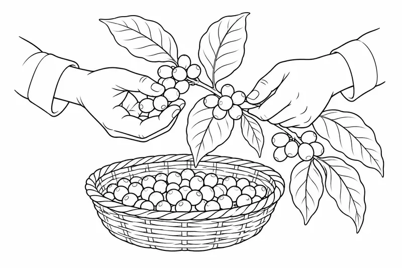 Manos recogiendo frutos de una rama de cafeto sobre un canasto