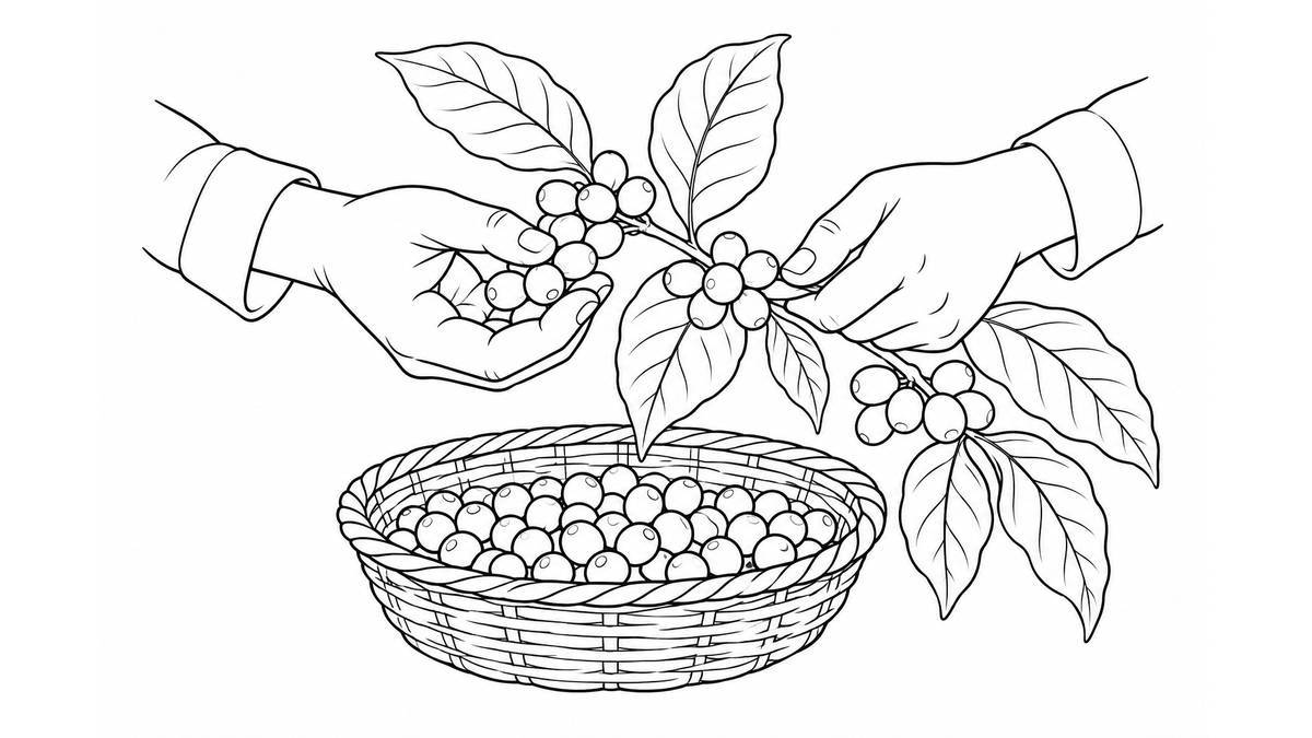 Manos recogiendo frutos de una rama de cafeto sobre un canasto