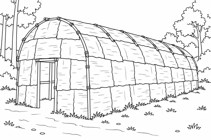 Reconstrucción educativa de una casa larga con paneles de corteza y techo curvo