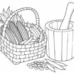 Dibujos haudenosaunee para colorear: cultivos, lacrosse y casa larga Cesto con maíz y frijoles junto a un mortero de madera y su mano