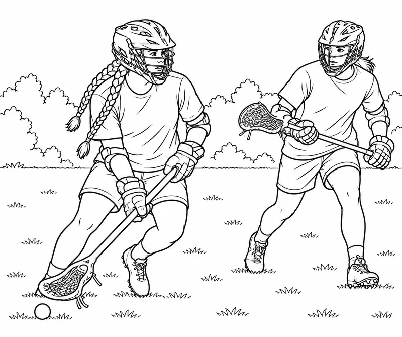 Dos jóvenes con equipo deportivo de lacrosse en una práctica al aire libre