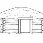 Hogan navajo para dibujar: volumen, troncos y entrada Hogan poligonal de troncos con cubierta baja de tierra y entrada frontal
