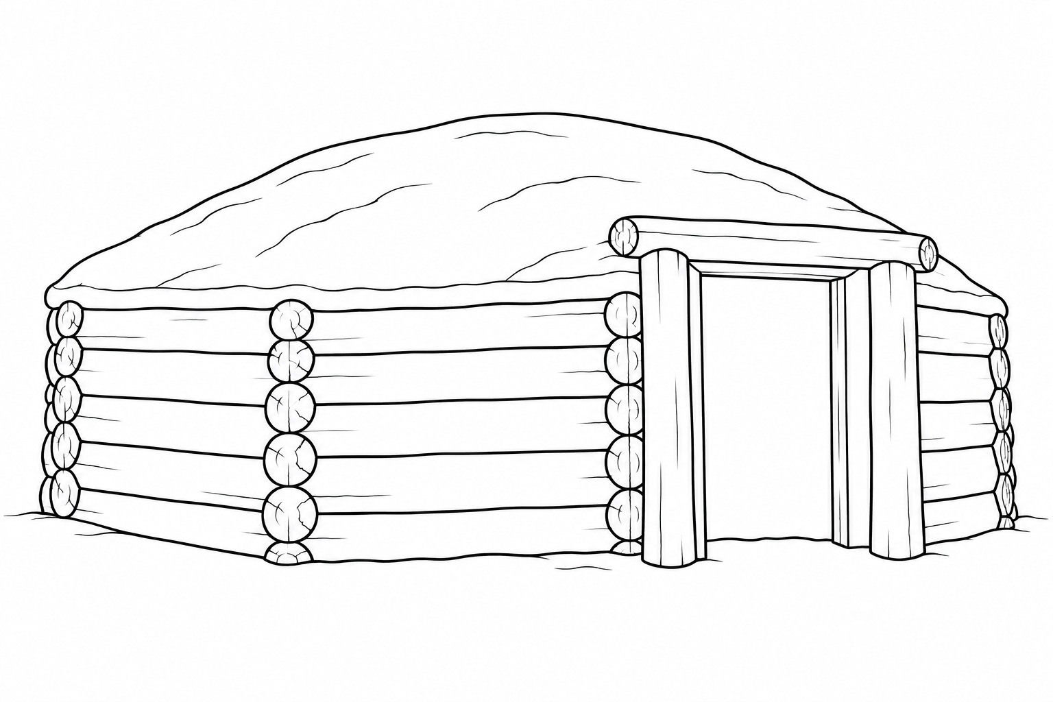 Hogan con caras de troncos horizontales, entrada de madera y techo de perfil bajo