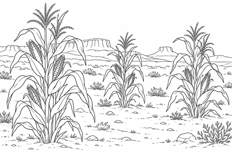 Grupos de plantas de maíz separados sobre suelo arenoso con mesetas al fondo