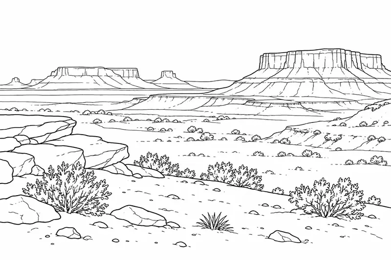 Paisaje de mesetas con estratos, suelo abierto y arbustos bajos