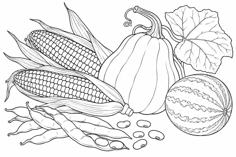 Mazorcas, vainas, calabaza y melón en una composición de productos agrícolas